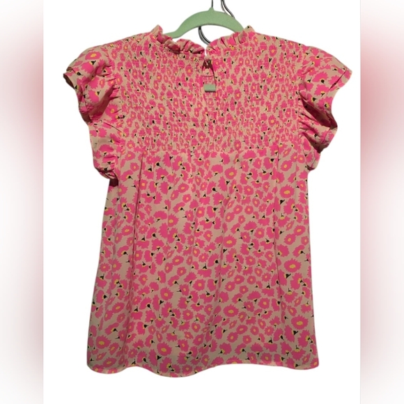 THML EUC Small Pink Floral Smocked Blouse PTP 19 - Picture 2 of 4